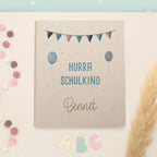 Zeugnismappe Leinen „Hurra Schulkind Blau“ DIN A4 personalisiert Druck