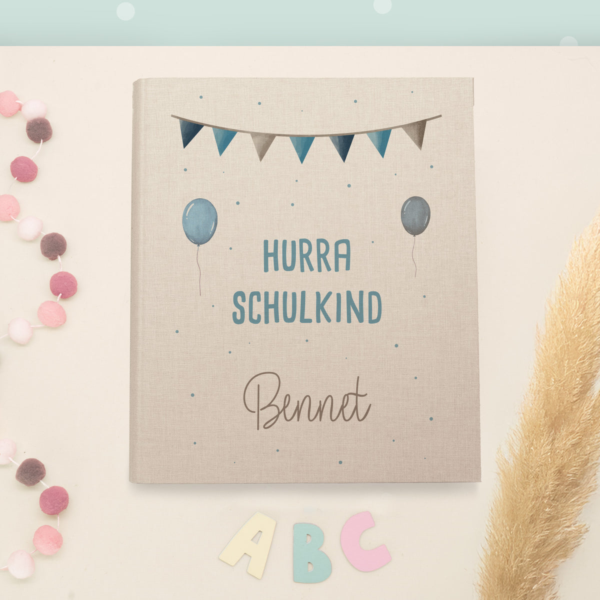 Zeugnismappe Leinen „Hurra Schulkind Blau“ DIN A4 personalisiert Druck