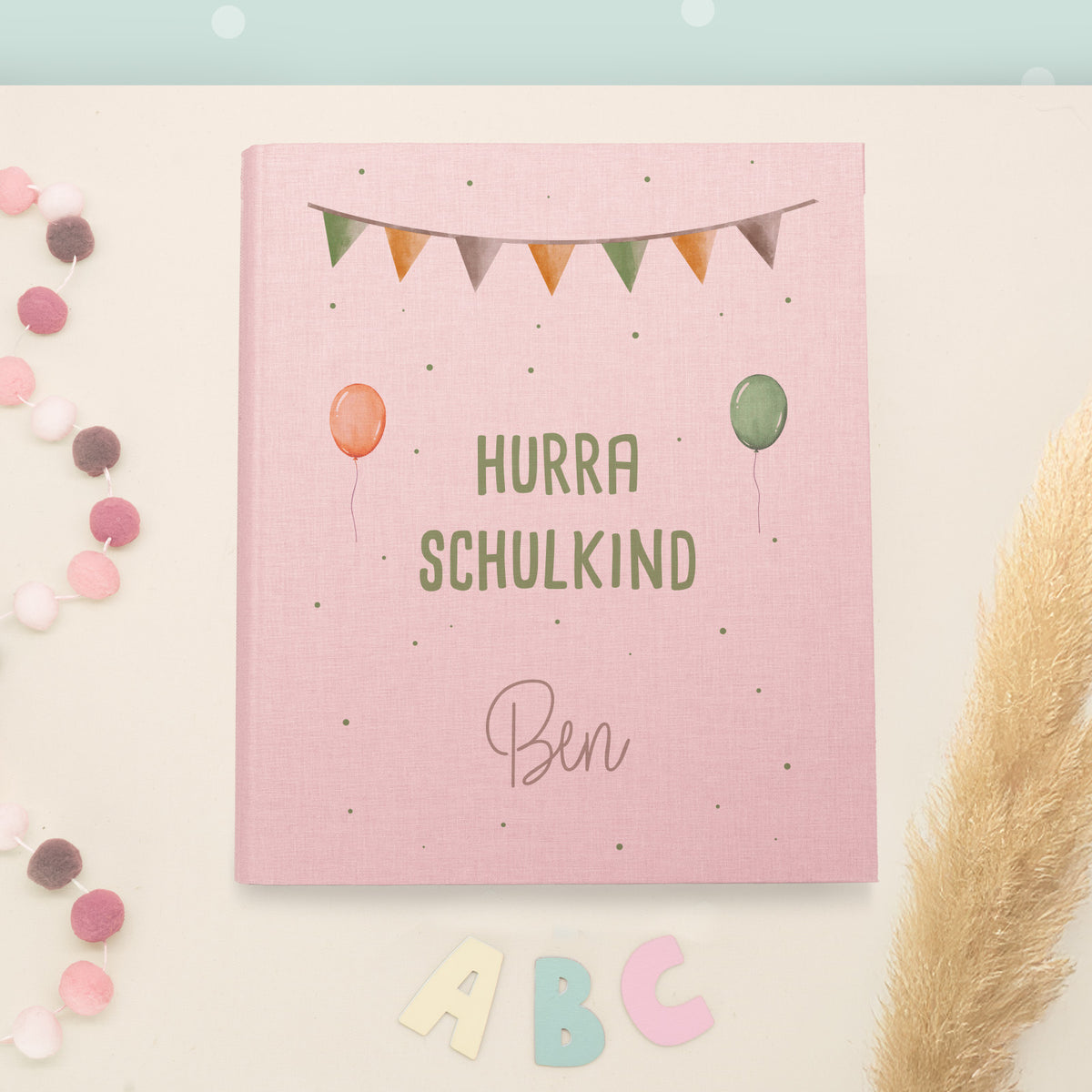Zeugnismappe Leinen „Hurra Schulkind Grün“ DIN A4 personalisiert Druck