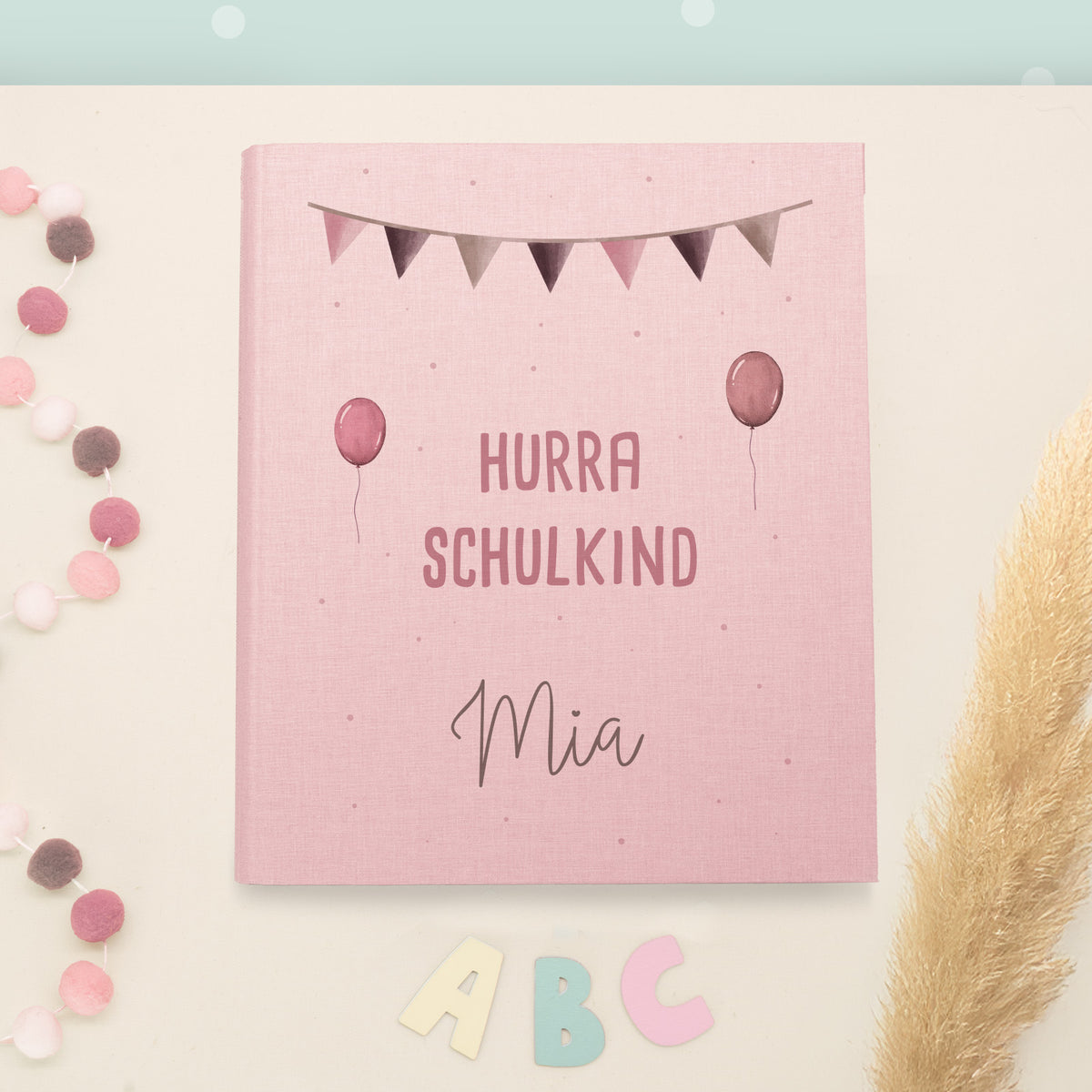 Zeugnismappe Leinen „Hurra Schulkind Rosa“ DIN A4 personalisiert Druck
