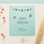 Zeugnismappe Leinen „Hurra Schulkind Rosa“ DIN A4 personalisiert Druck