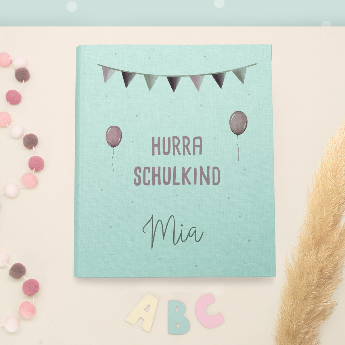 Zeugnismappe Leinen „Hurra Schulkind Rosa“ DIN A4 personalisiert Druck