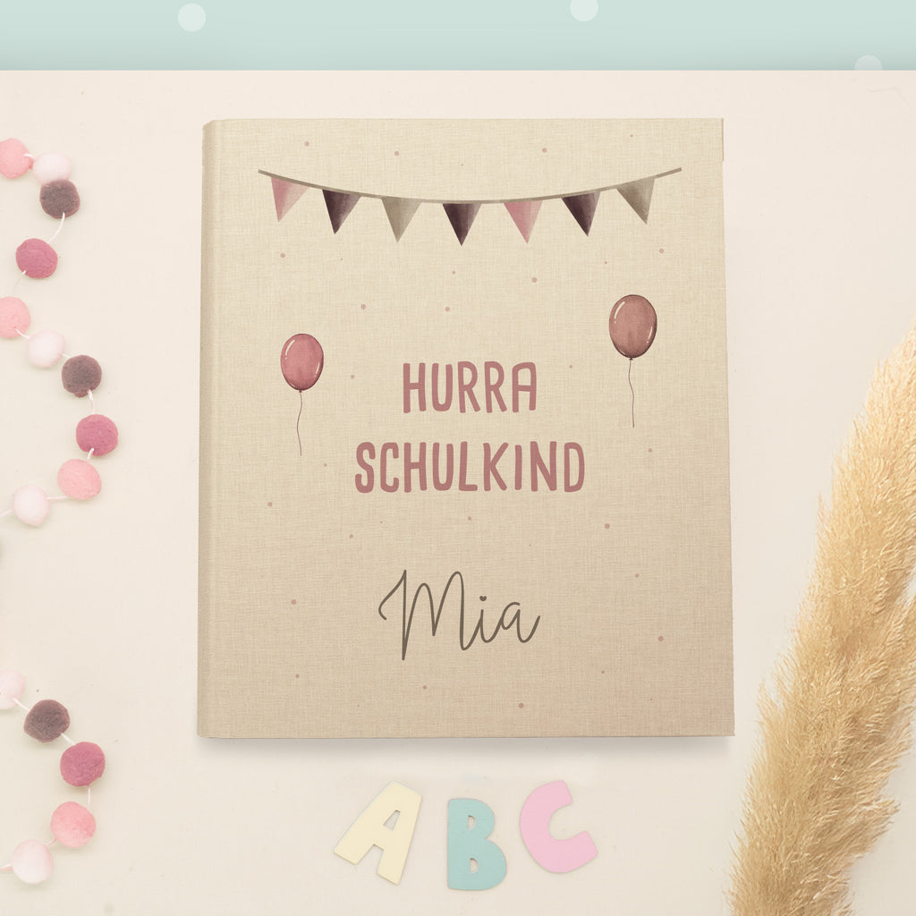 Zeugnismappe Leinen „Hurra Schulkind Rosa“ DIN A4 personalisiert Druck