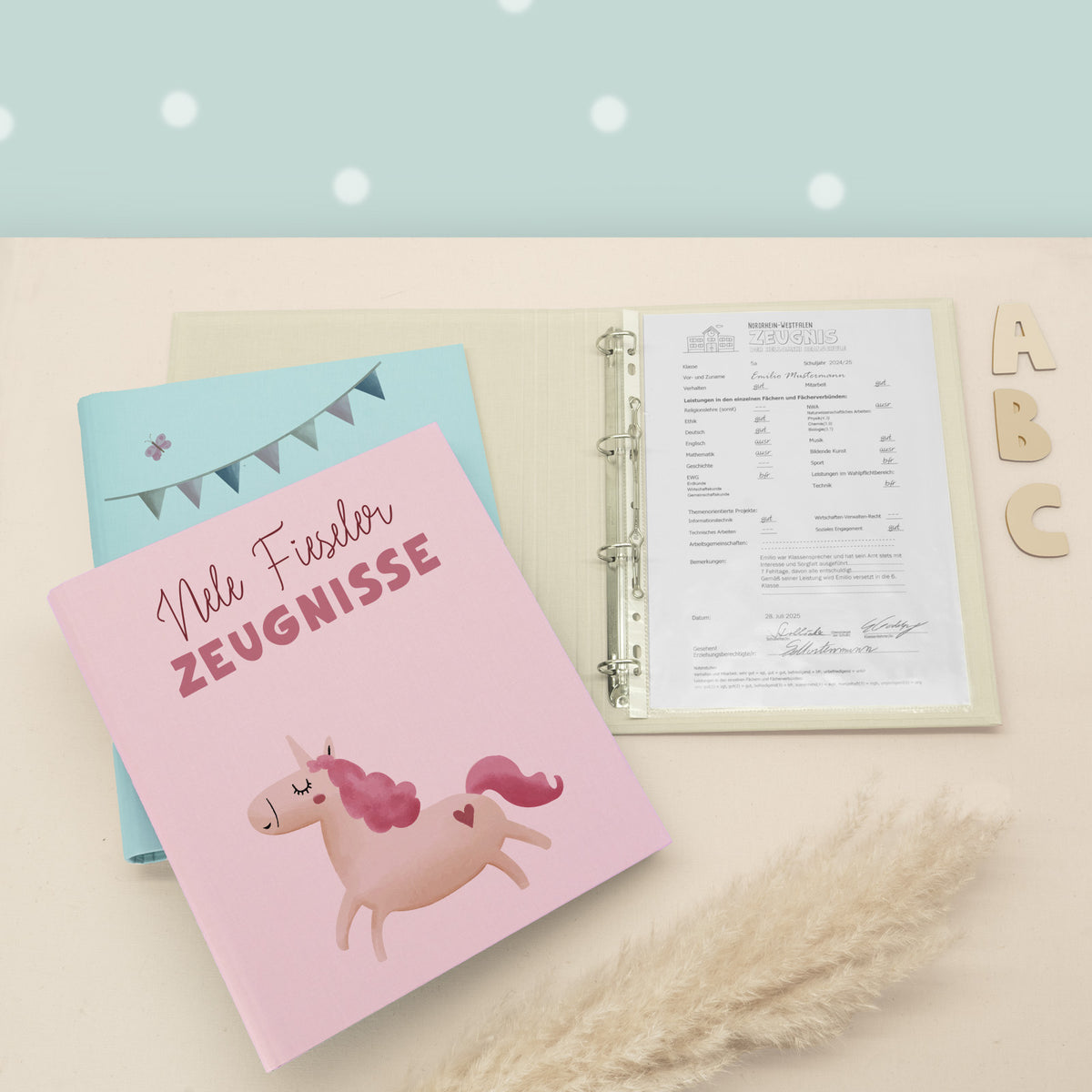 Zeugnismappe Leinen „Einhorn“ DIN A4 personalisiert Druck