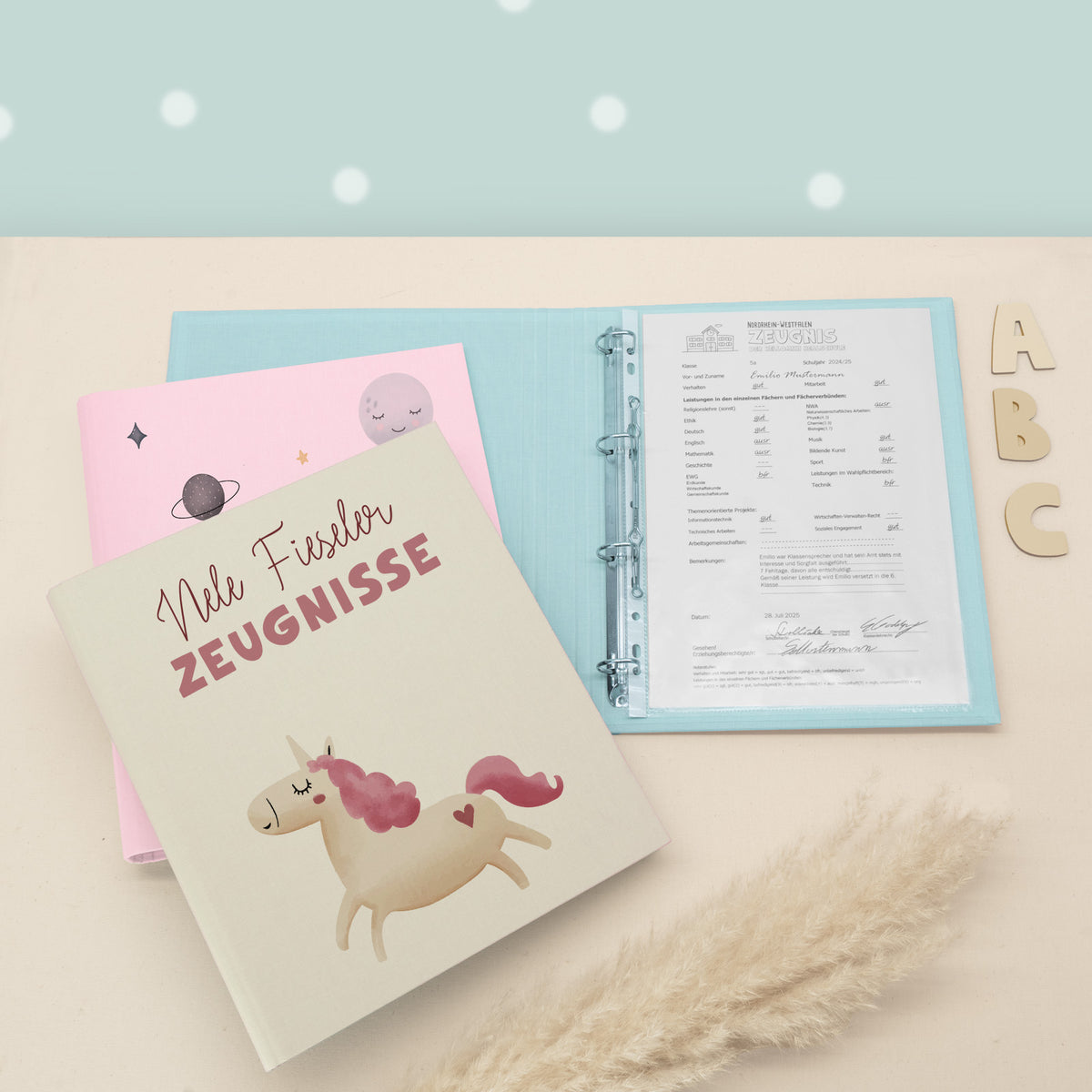 Zeugnismappe Leinen „Einhorn“ DIN A4 personalisiert Druck