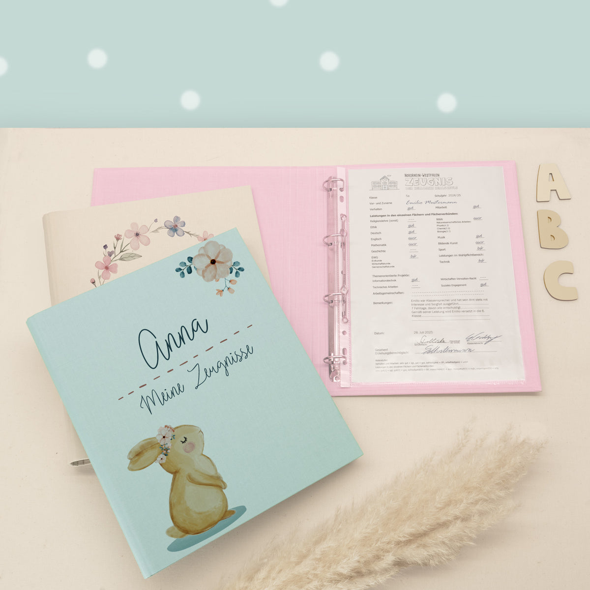 Zeugnismappe Leinen „Hase“ DIN A4 personalisiert Druck