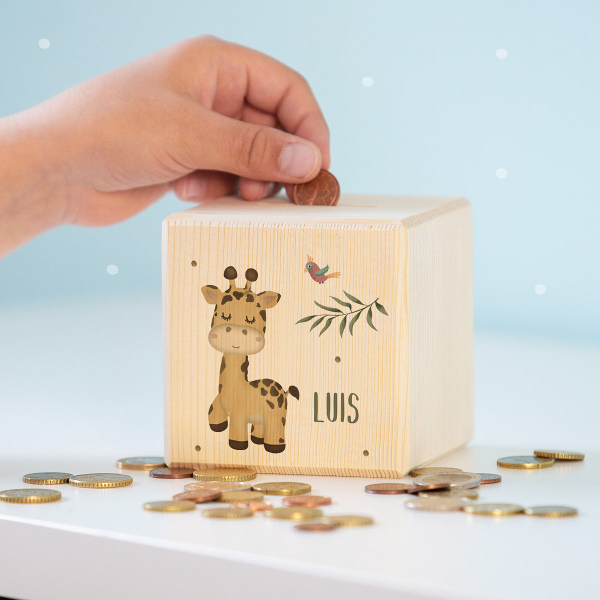Spardose Würfel "Giraffe" bunt bedruckt