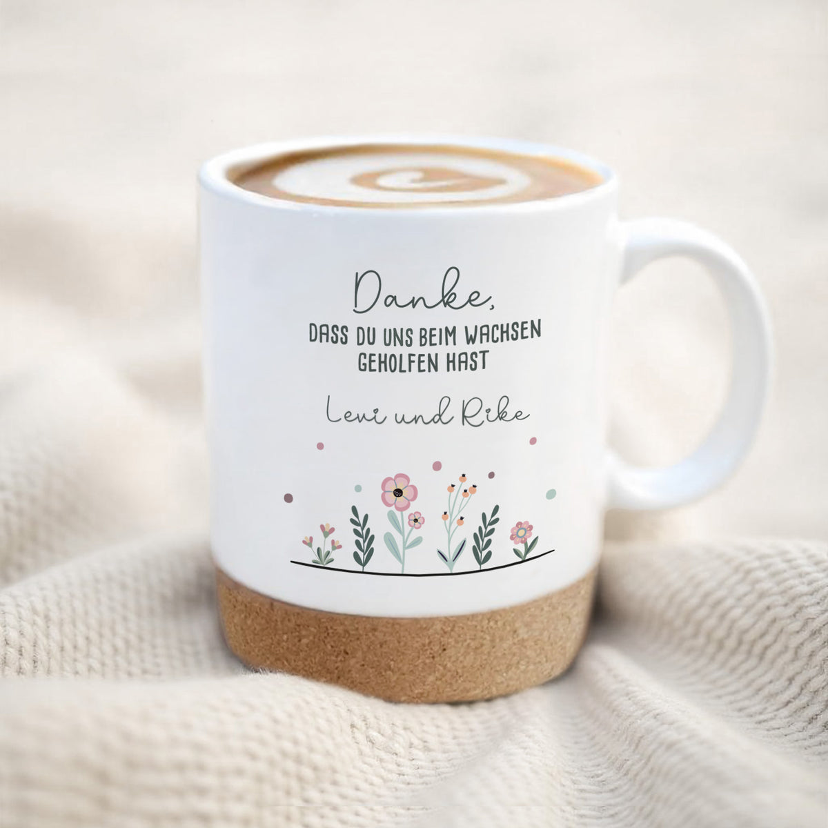 Personalisierte Tasse mit Korkboden und Deckel "Dankeschön" als Abschiedsgeschenk