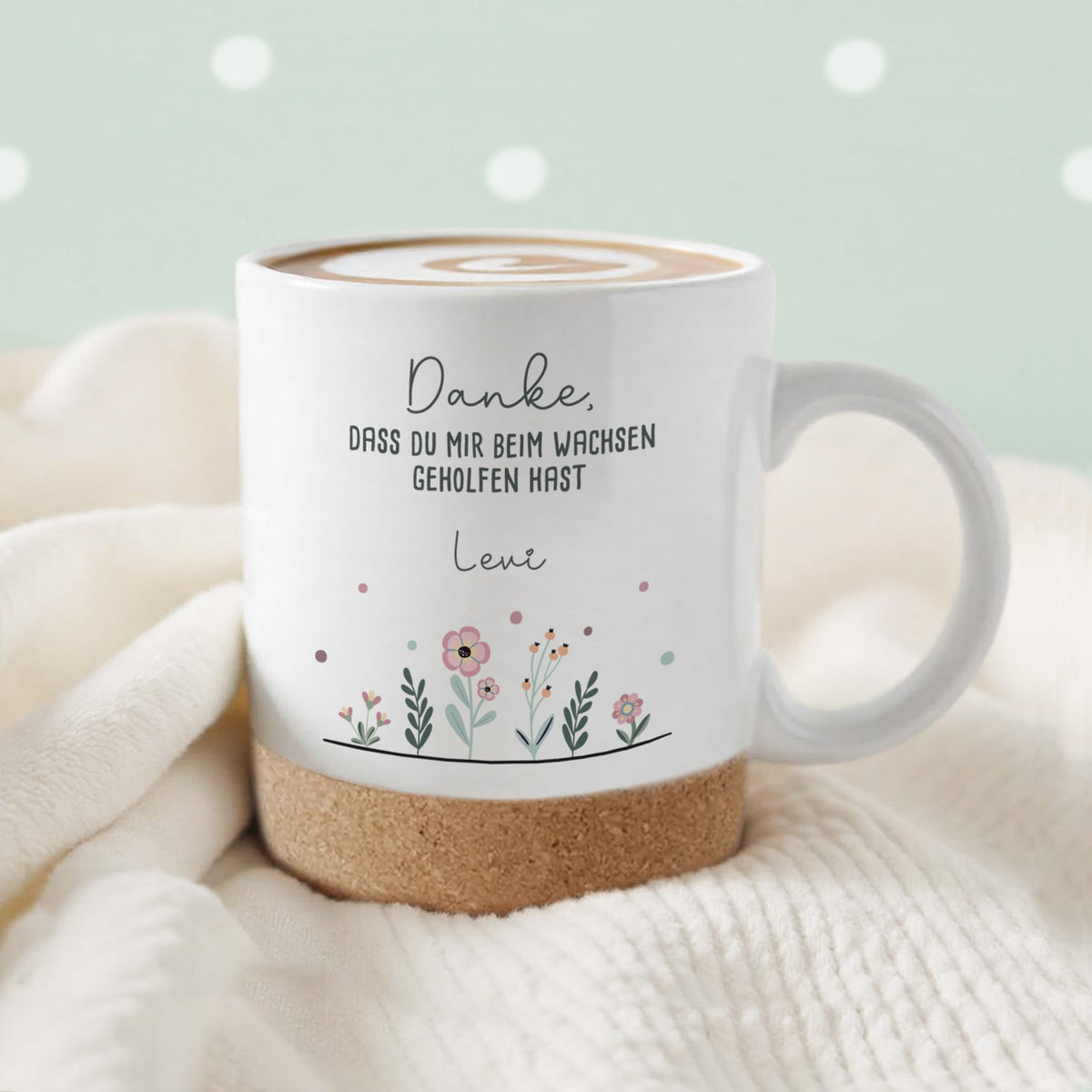 Personalisierte Tasse mit Korkboden und Deckel "Dankeschön" als Abschiedsgeschenk