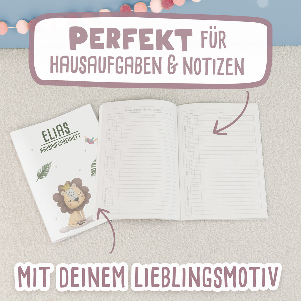 Hausaufgabenheft-Hülle mit personalisiertem Einleger "Löwe" DIN A5