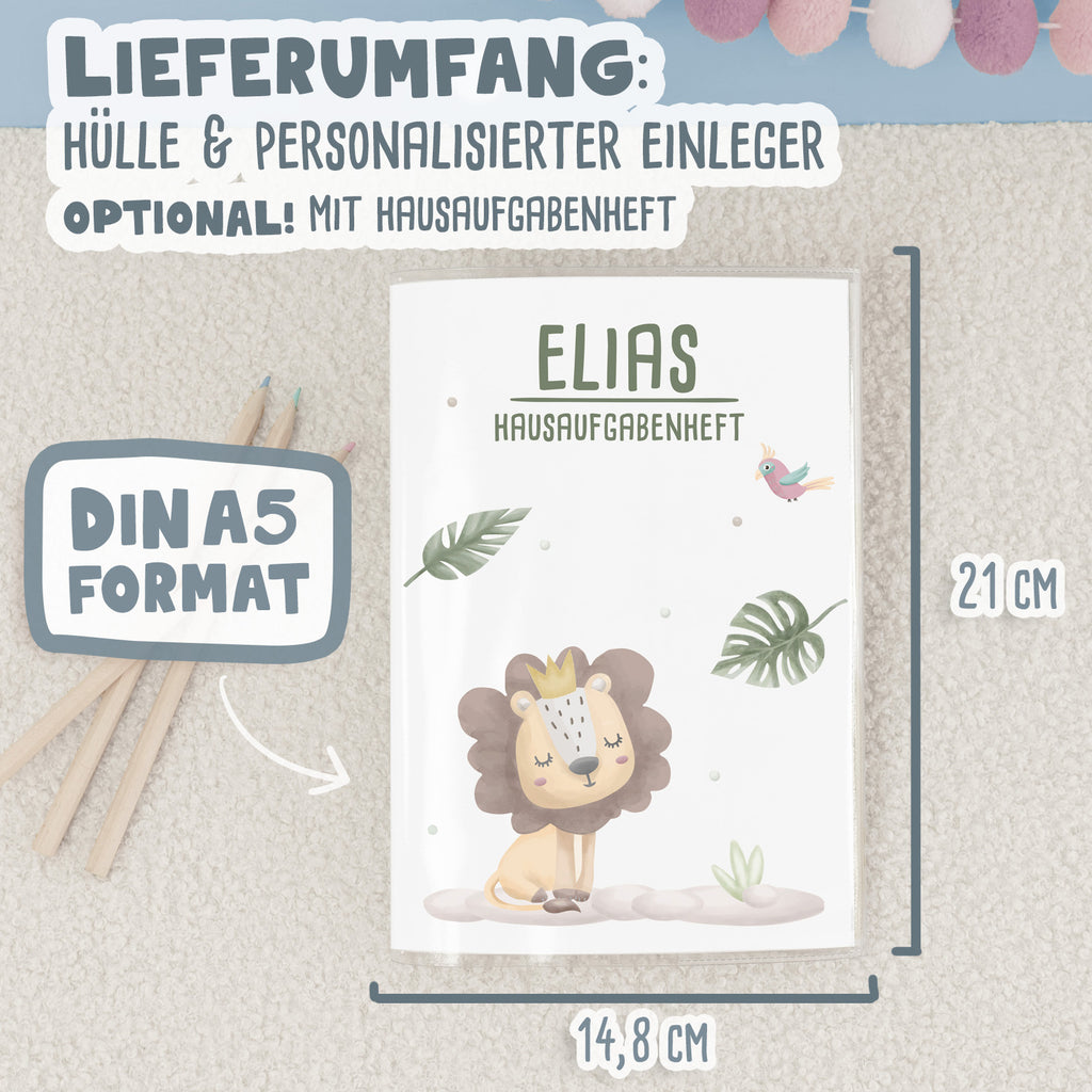 Hausaufgabenheft-Hülle mit personalisiertem Einleger "Löwe" DIN A5
