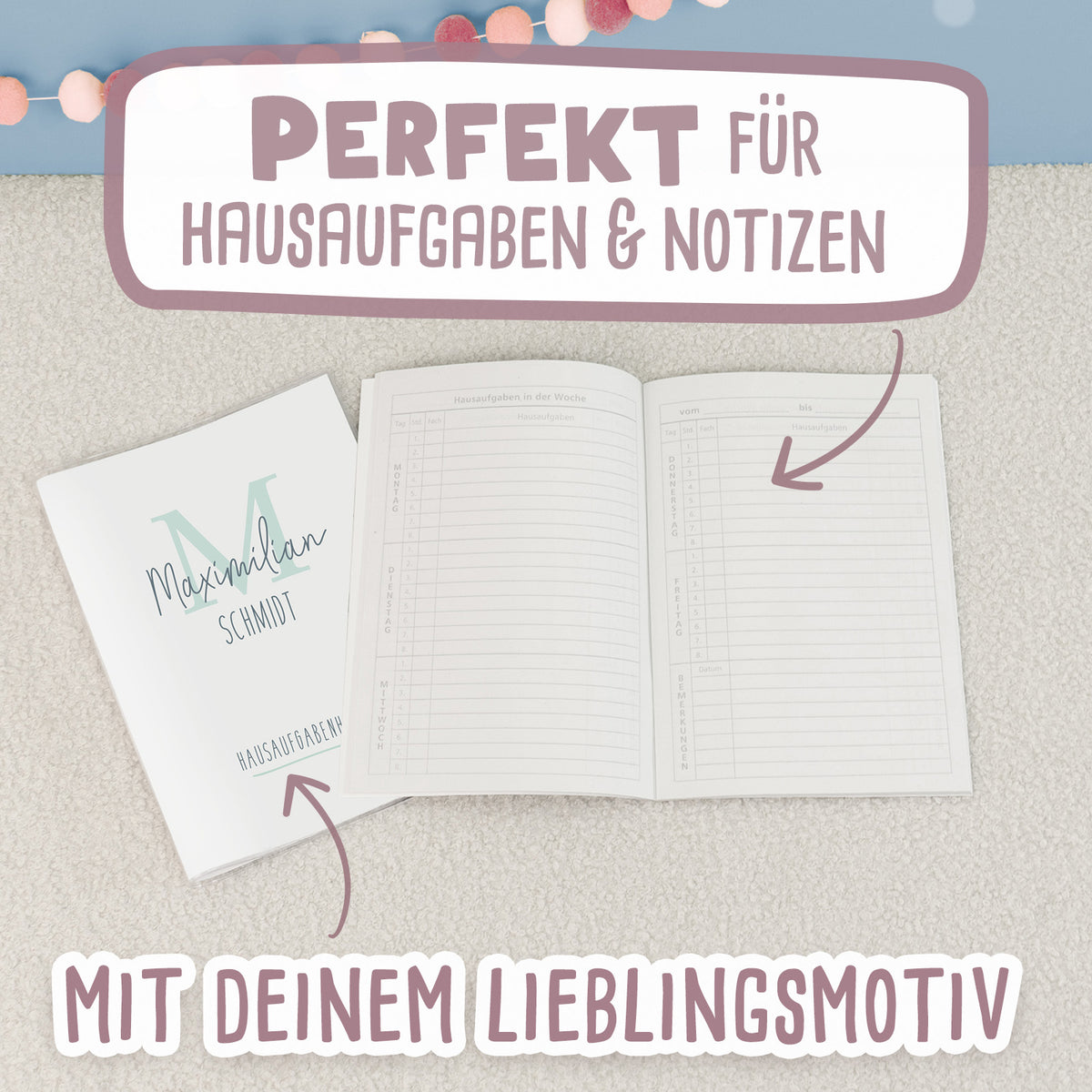 Hausaufgabenheft-Hülle mit personalisiertem Einleger "Buchstabe Dünn" DIN A5