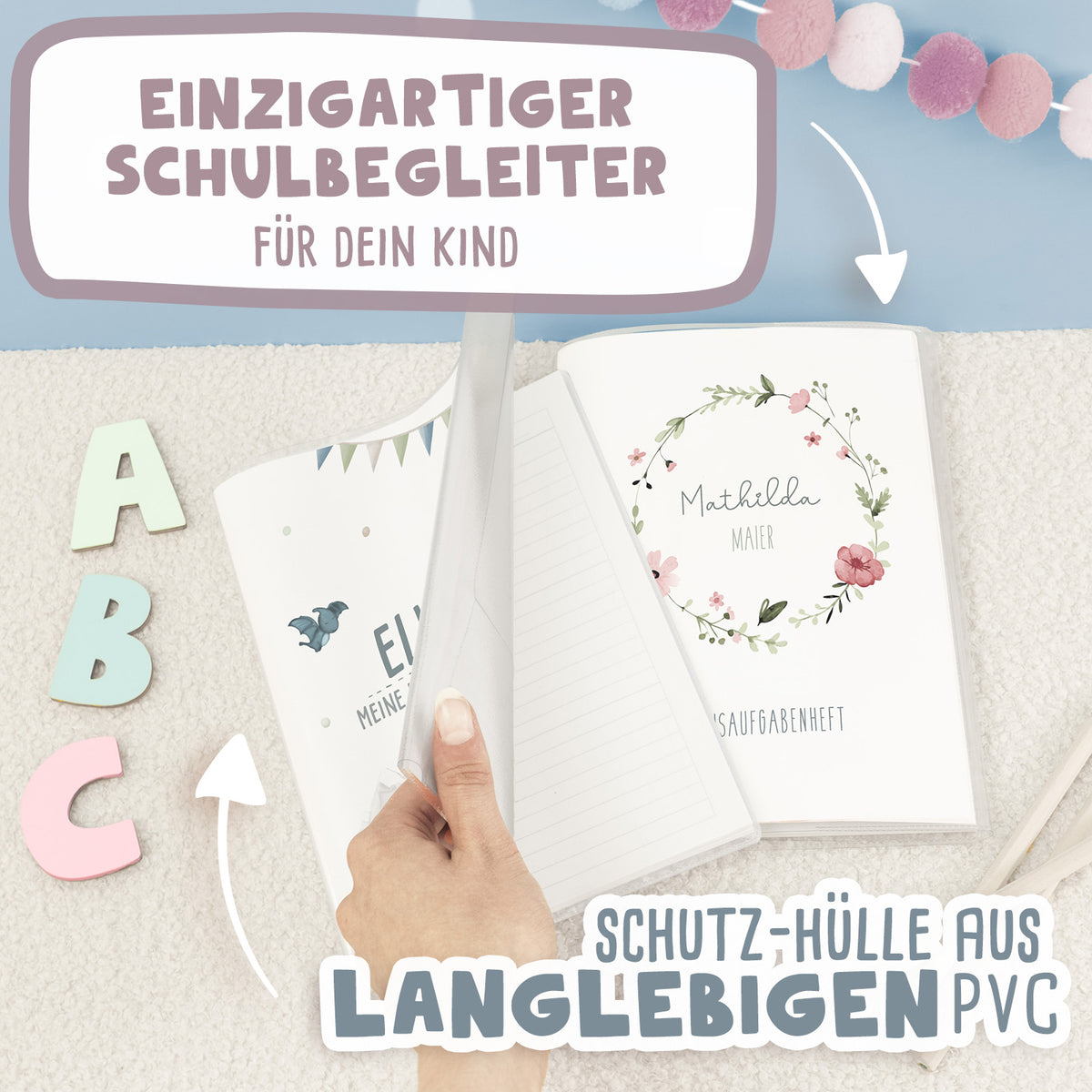 Hausaufgabenheft-Hülle mit personalisiertem Einleger "Blumenkranz Rot" DIN A5