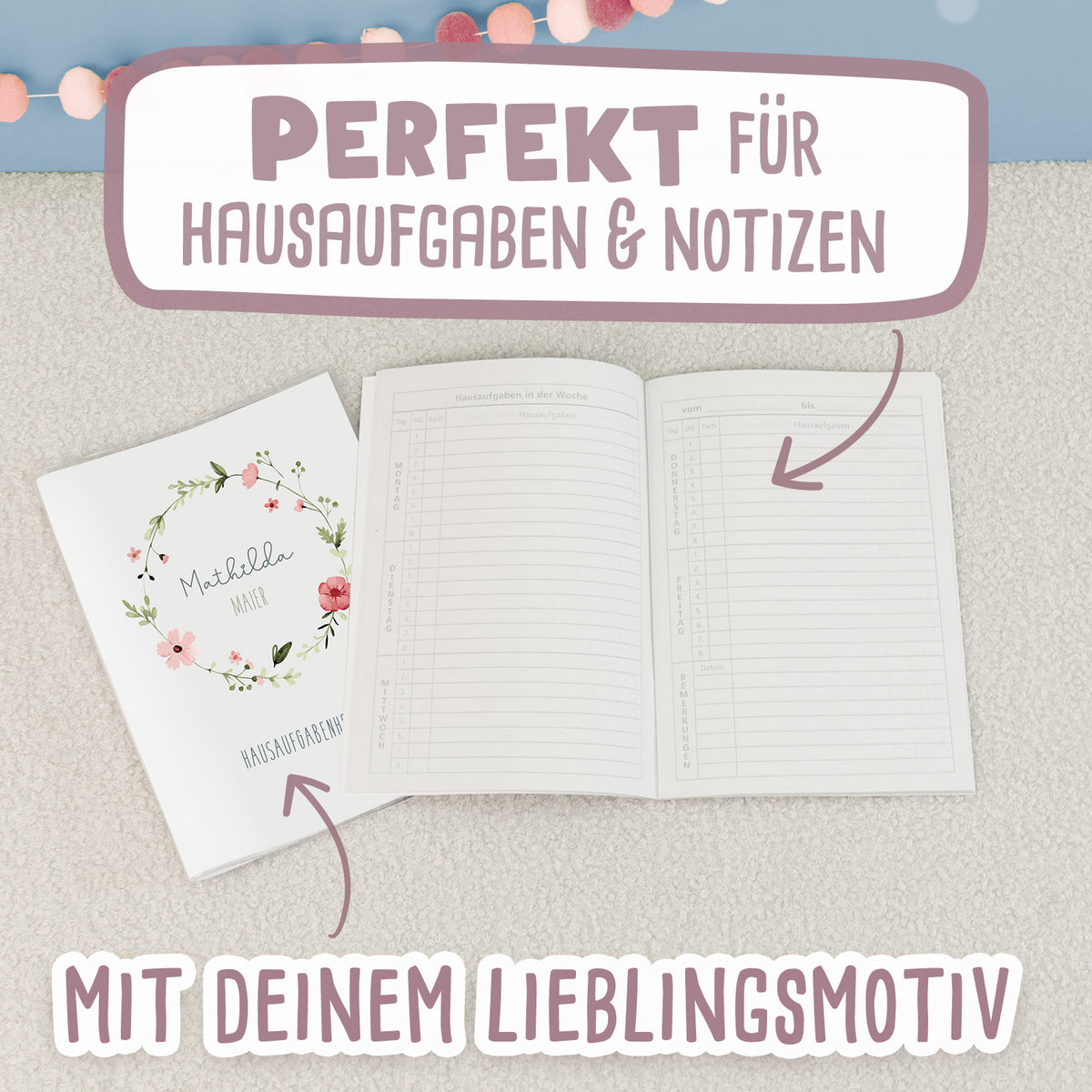 Hausaufgabenheft-Hülle mit personalisiertem Einleger "Blumenkranz Rot" DIN A5