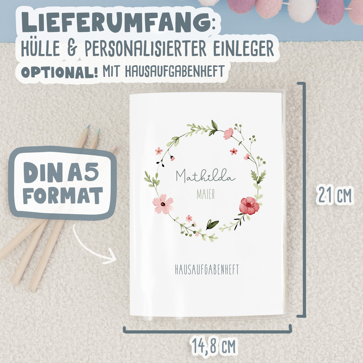 Hausaufgabenheft-Hülle mit personalisiertem Einleger "Blumenkranz Rot" DIN A5