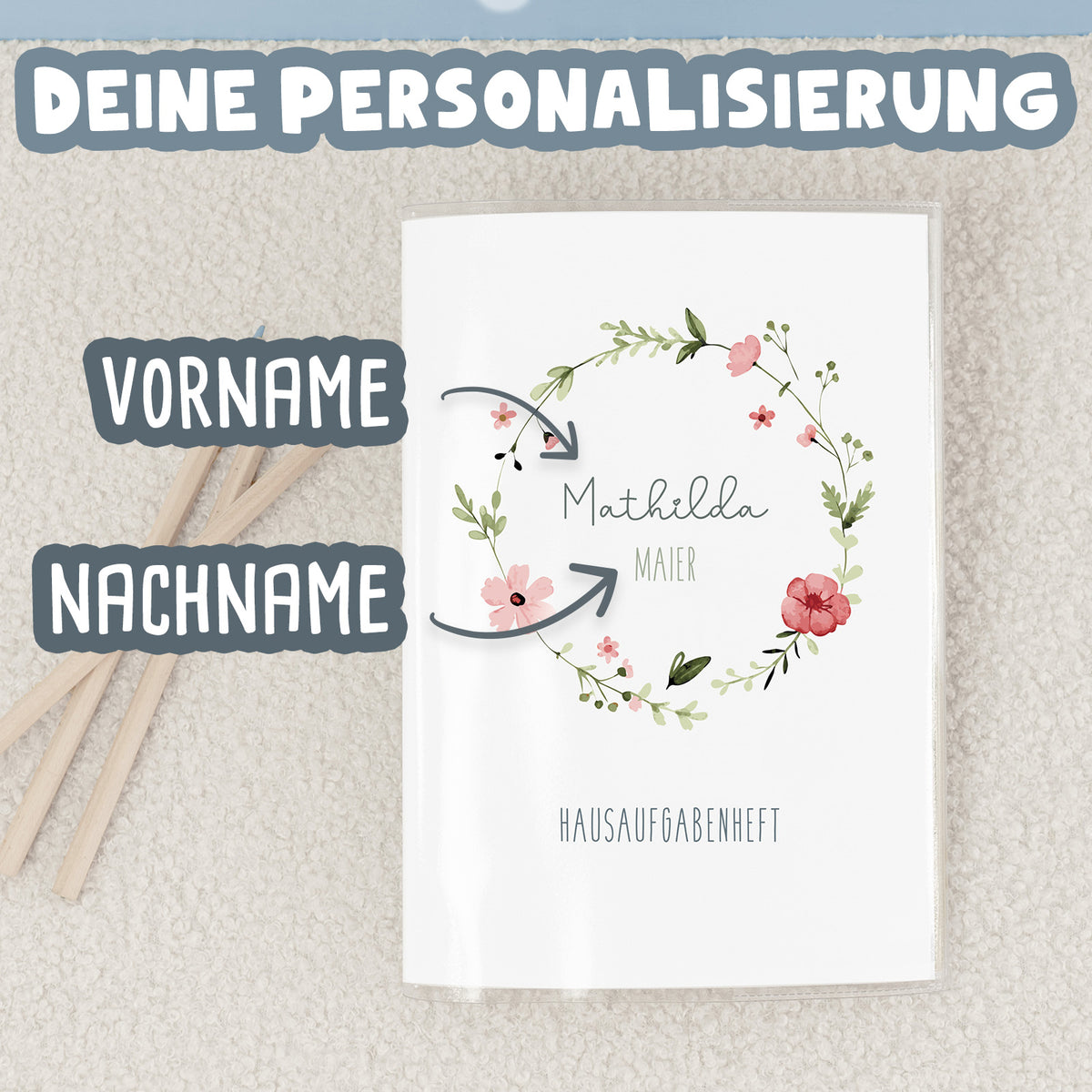 Hausaufgabenheft-Hülle mit personalisiertem Einleger "Blumenkranz Rot" DIN A5