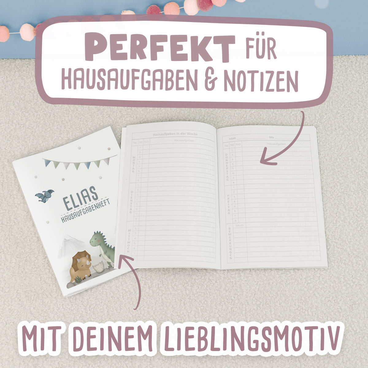 Hausaufgabenheft-Hülle mit personalisiertem Einleger "Dinowelt" DIN A5
