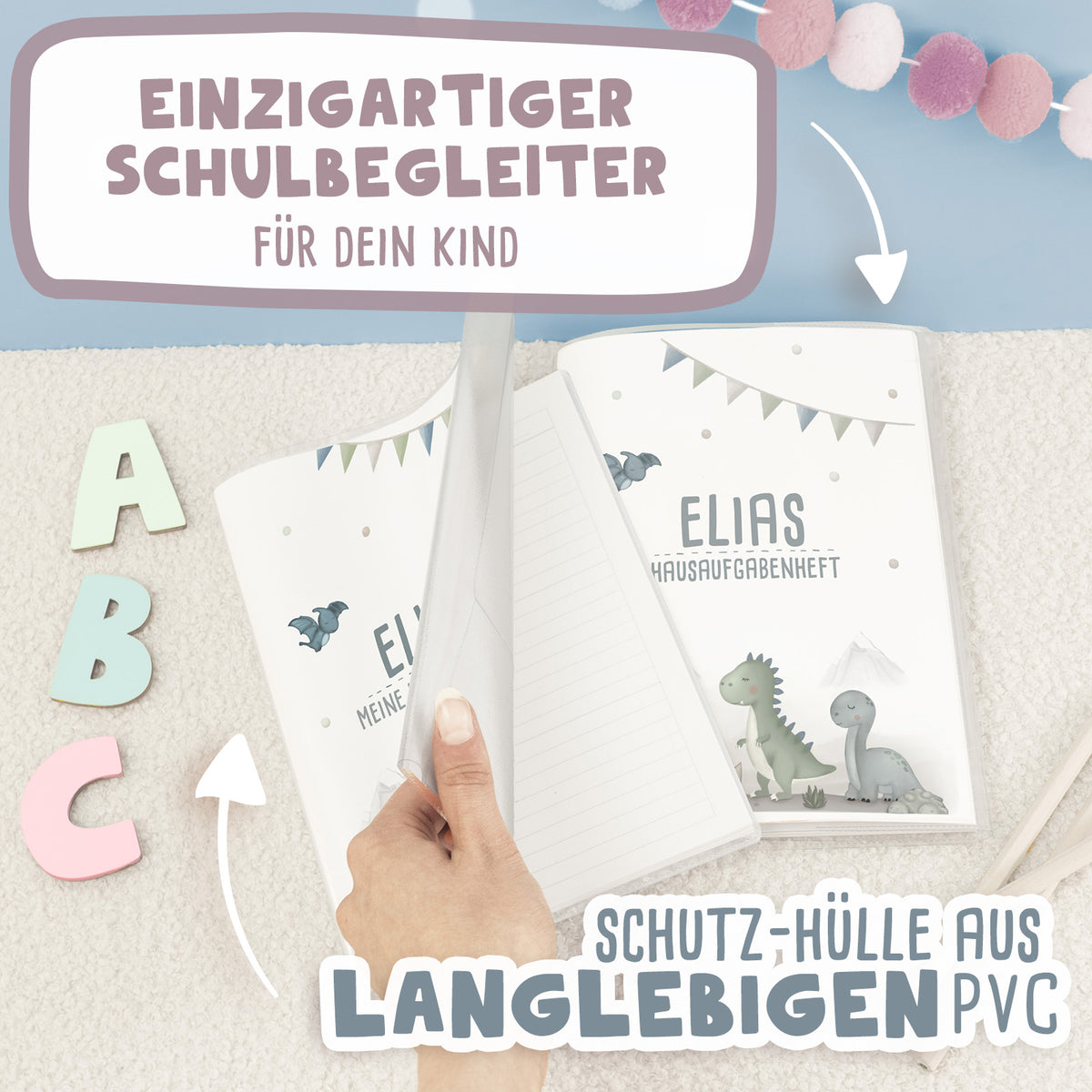 Hausaufgabenheft-Hülle mit personalisiertem Einleger "Dinowelt" DIN A5