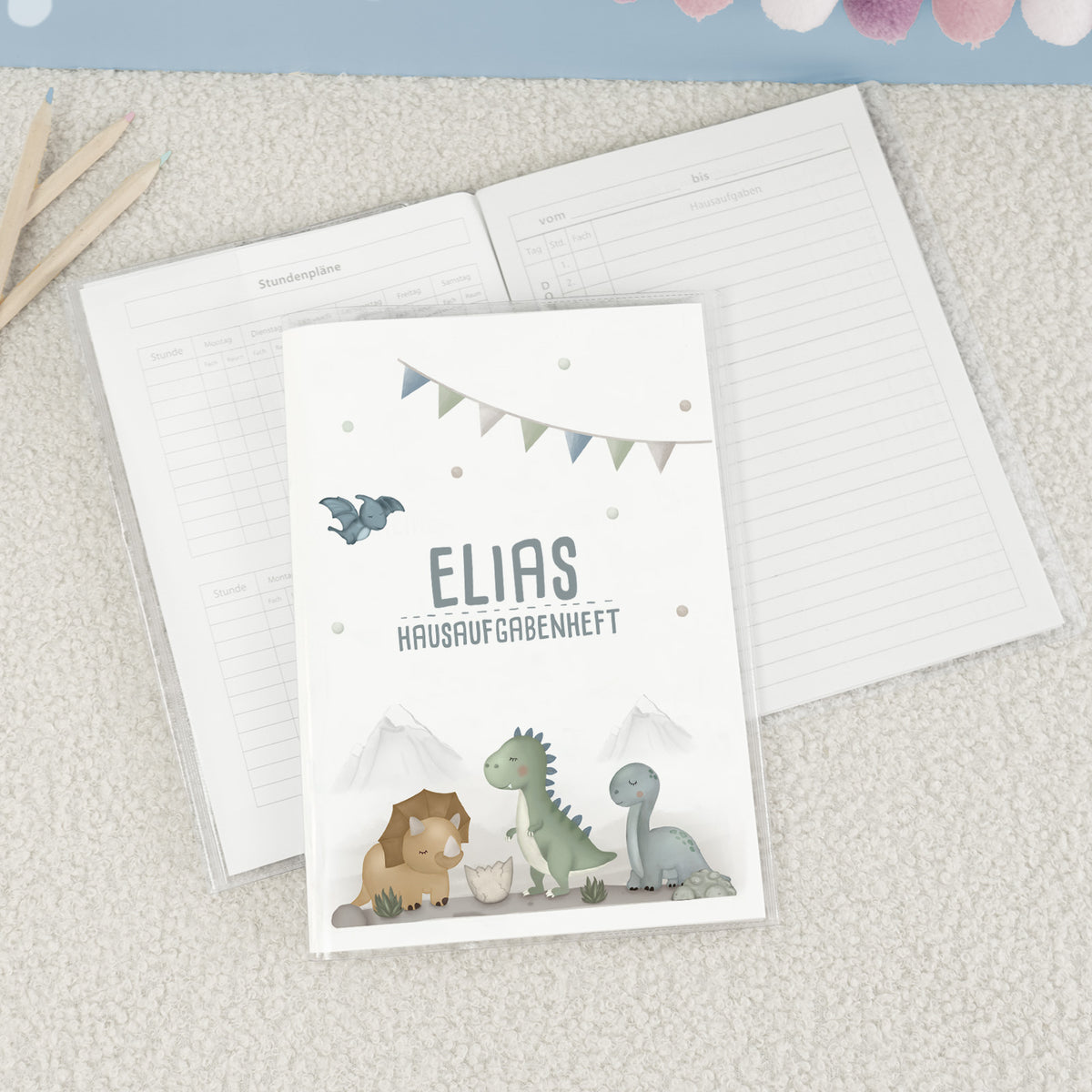 Hausaufgabenheft-Hülle mit personalisiertem Einleger "Dinowelt" DIN A5