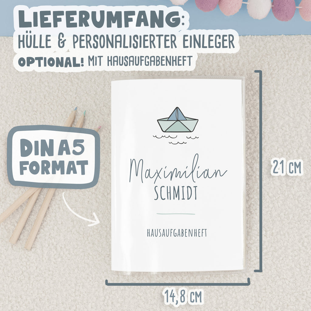 Hausaufgabenheft-Hülle mit personalisiertem Einleger "Papierboot" DIN A5