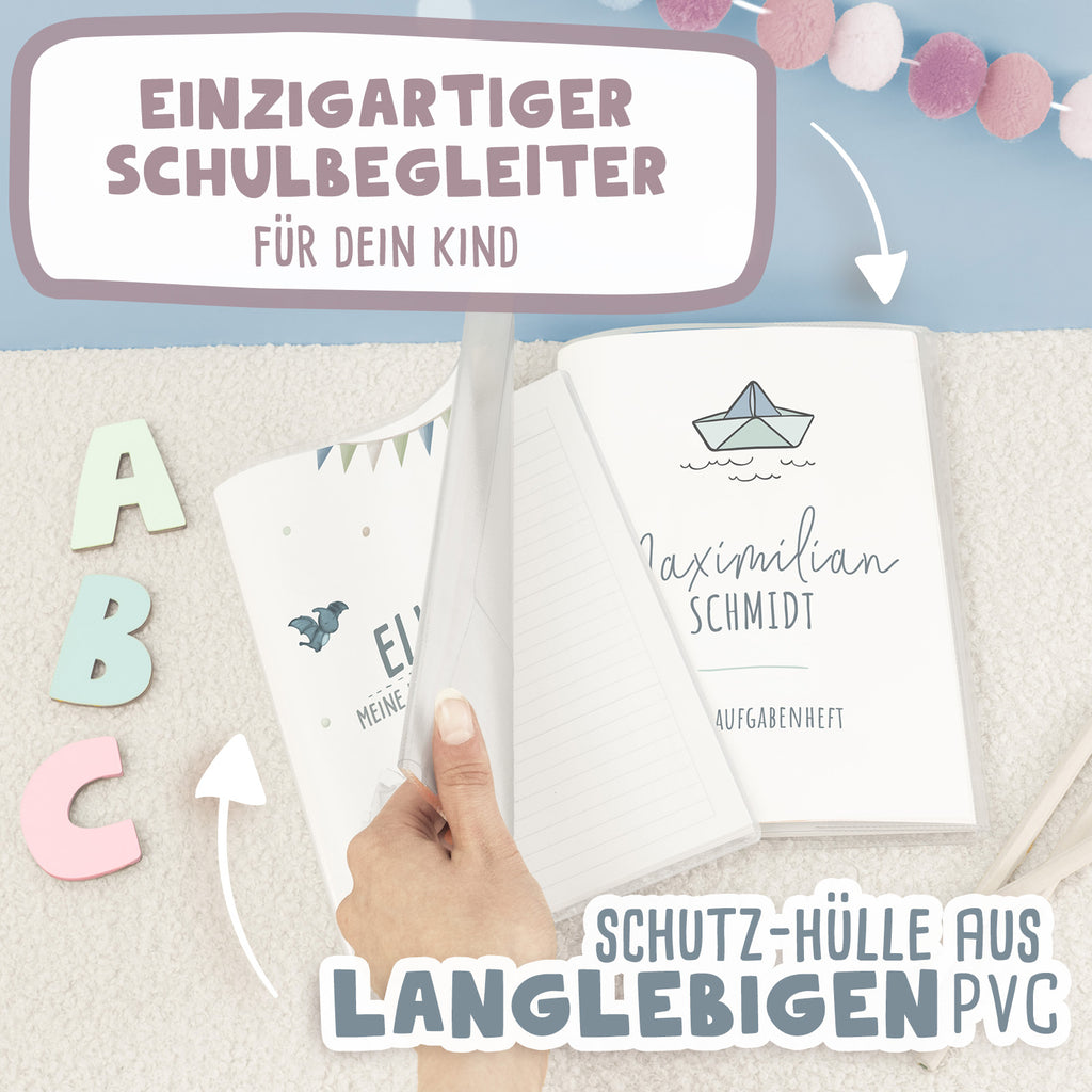 Hausaufgabenheft-Hülle mit personalisiertem Einleger "Papierboot" DIN A5