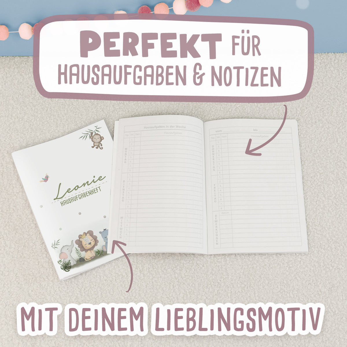 Hausaufgabenheft-Hülle mit personalisiertem Einleger "Safari" DIN A5
