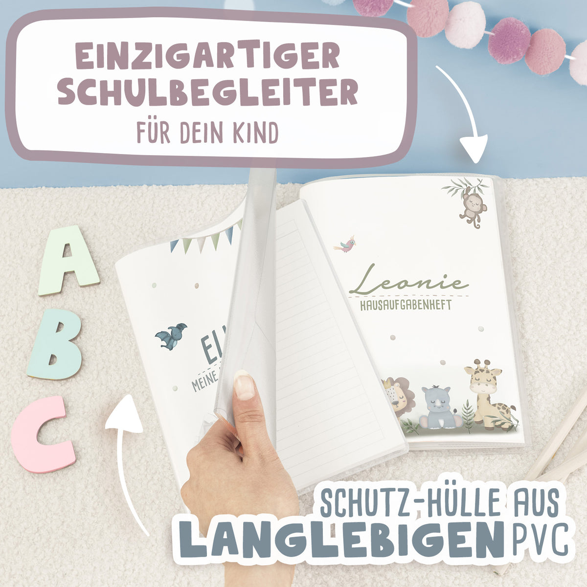 Hausaufgabenheft-Hülle mit personalisiertem Einleger "Safari" DIN A5
