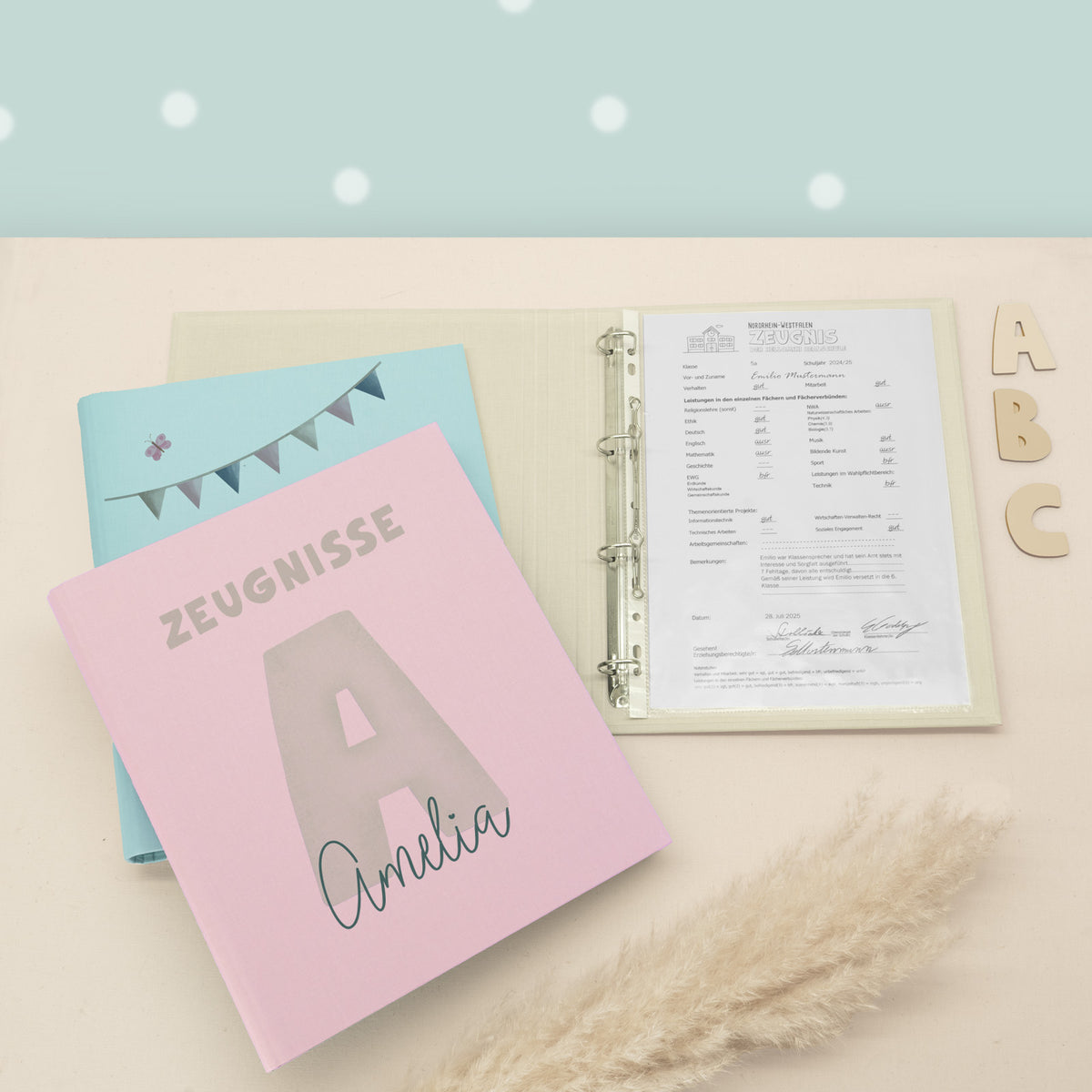 Zeugnismappe Leinen „Buchstabe Mint“ DIN A4 personalisiert Druck