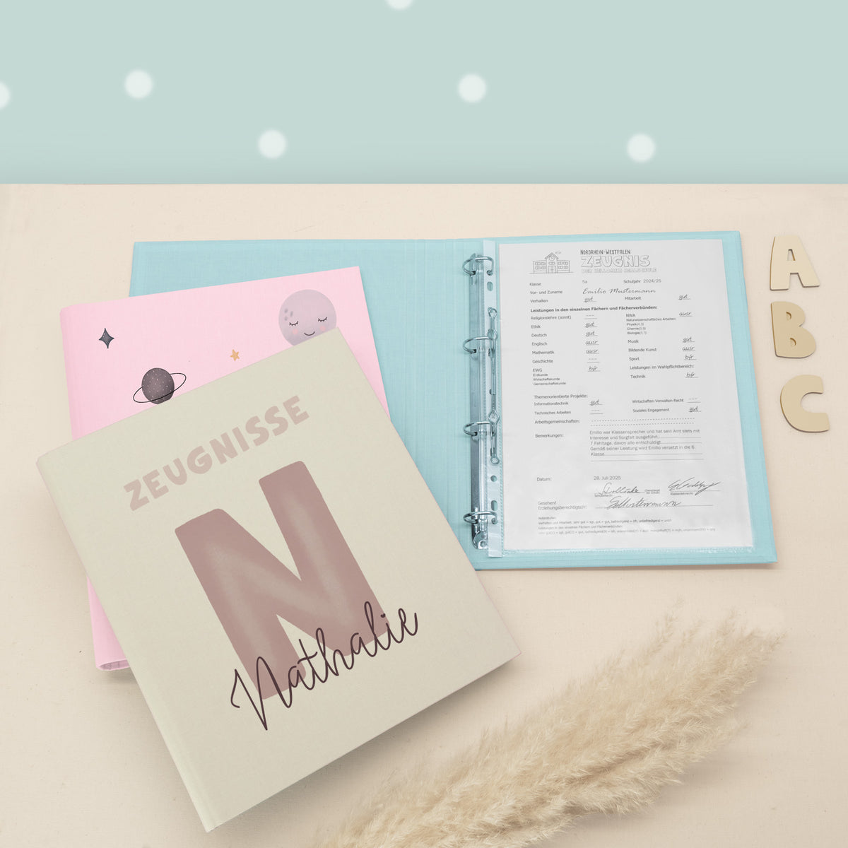 Zeugnismappe Leinen „Buchstabe Rosa“ DIN A4 personalisiert Druck