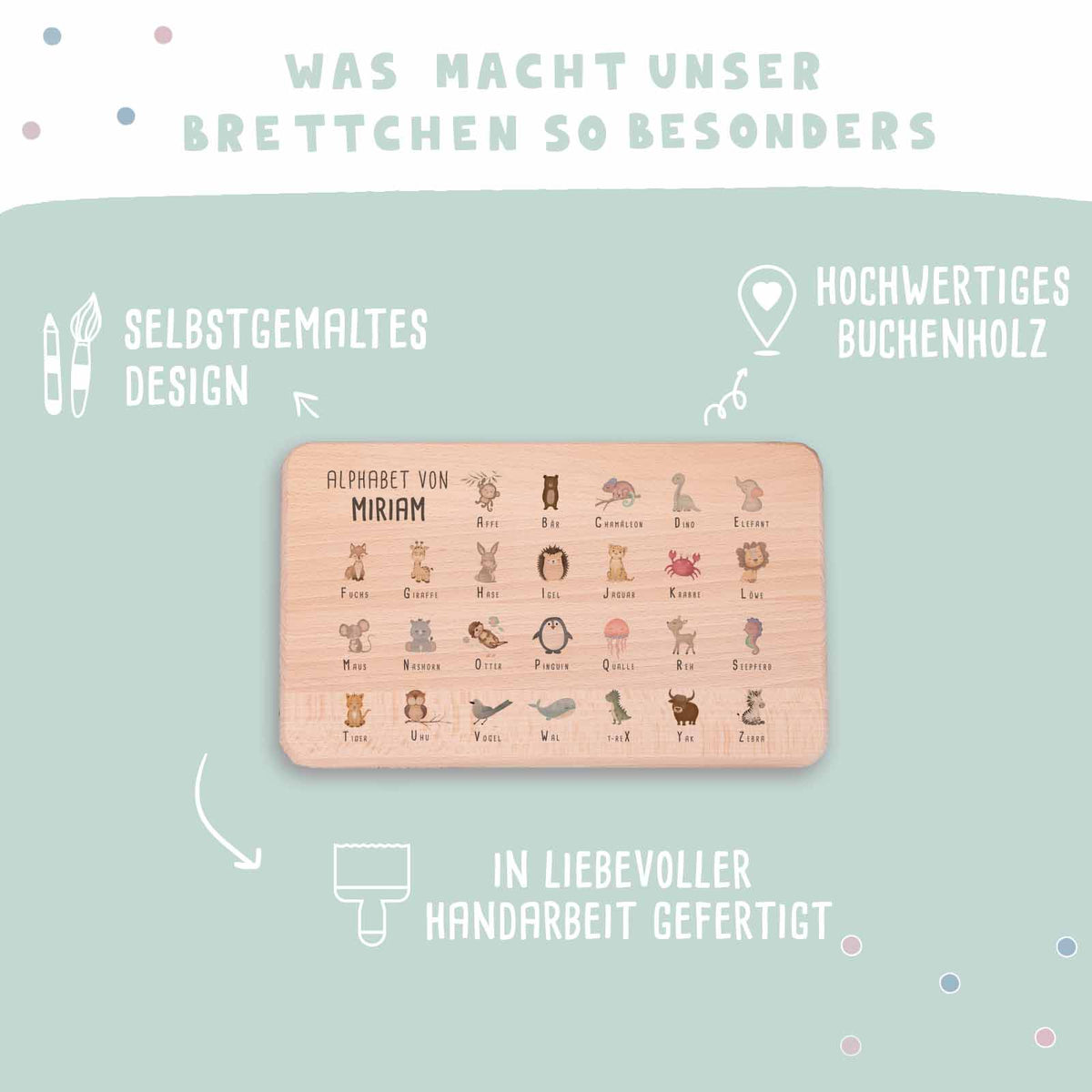 Frühstücksbrettchen Aquarell ABC-Tiere Motiv Buche