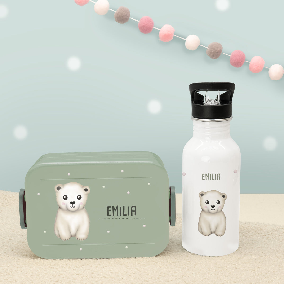 Set Personalisierte Mepal-Lunchbox & Trinkflasche mit Trinkhalm "Eisbär"