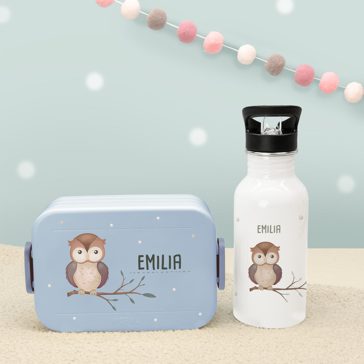Set Personalisierte Mepal-Lunchbox & Trinkflasche mit Trinkhalm "Eule"