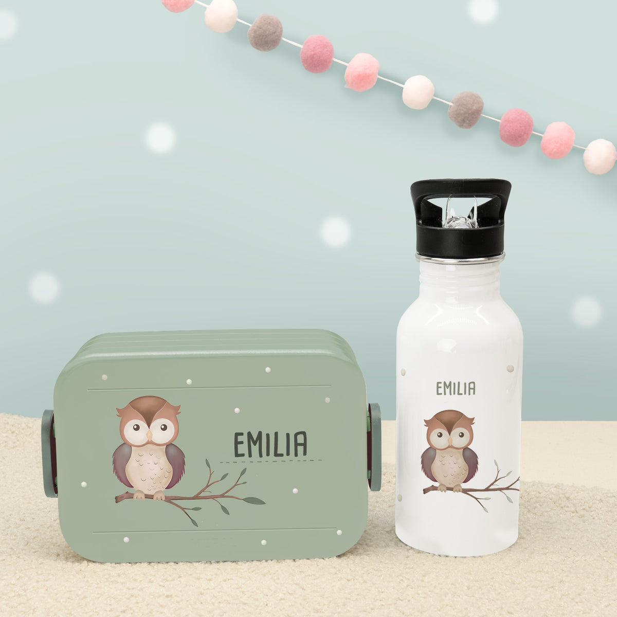 Set Personalisierte Mepal-Lunchbox & Trinkflasche mit Trinkhalm "Eule"