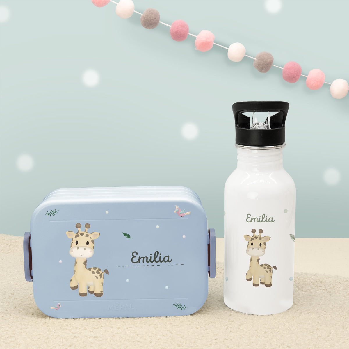 Set Personalisierte Mepal-Lunchbox & Trinkflasche mit Trinkhalm "Giraffe"