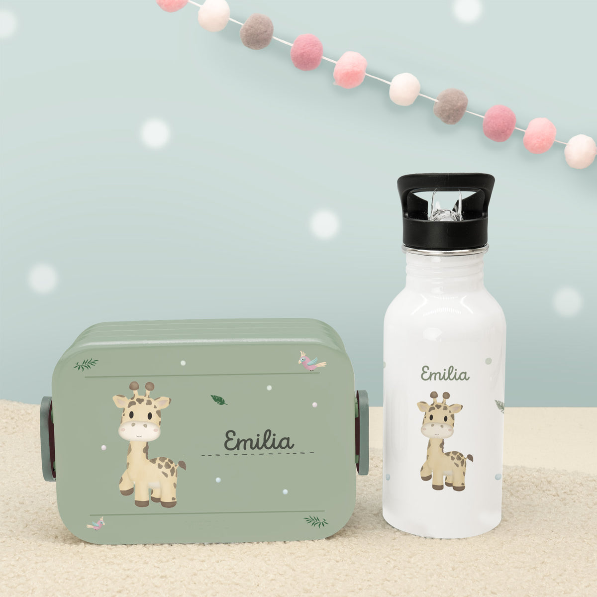Set Personalisierte Mepal-Lunchbox & Trinkflasche mit Trinkhalm "Giraffe"