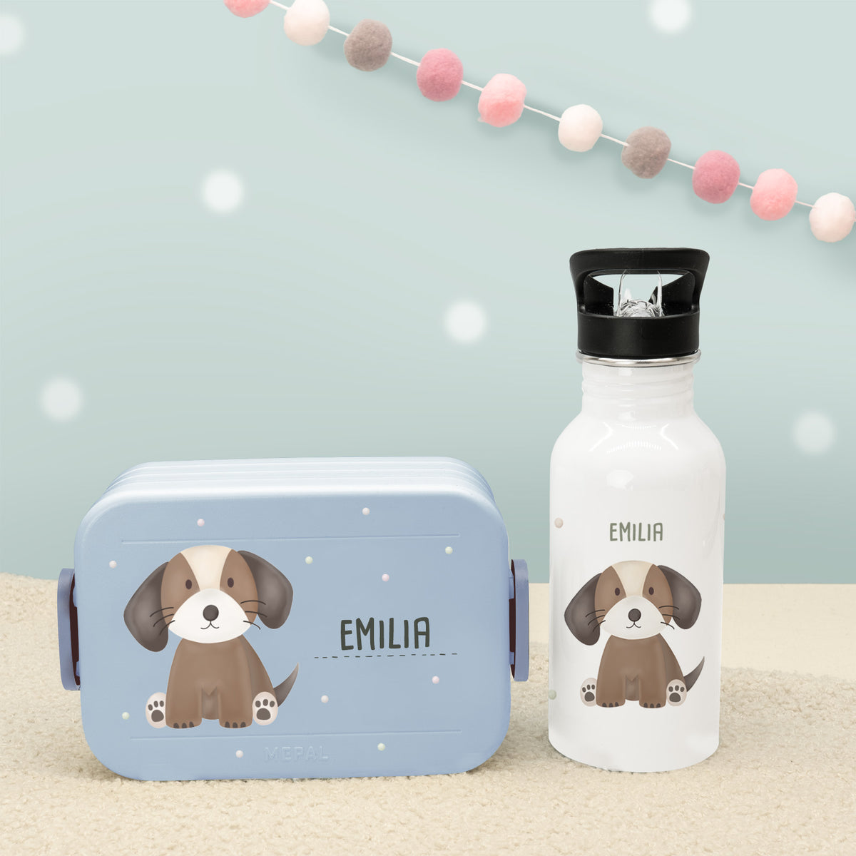 Set Personalisierte Mepal-Lunchbox & Trinkflasche mit Trinkhalm "Hund"
