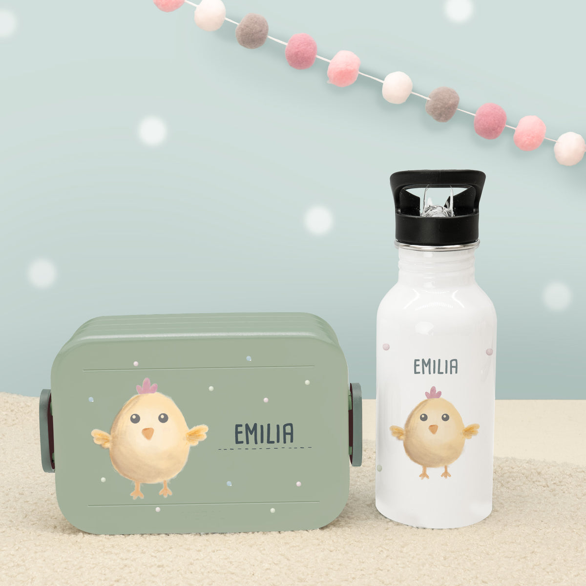 Set Personalisierte Mepal-Lunchbox & Trinkflasche mit Trinkhalm "Küken"