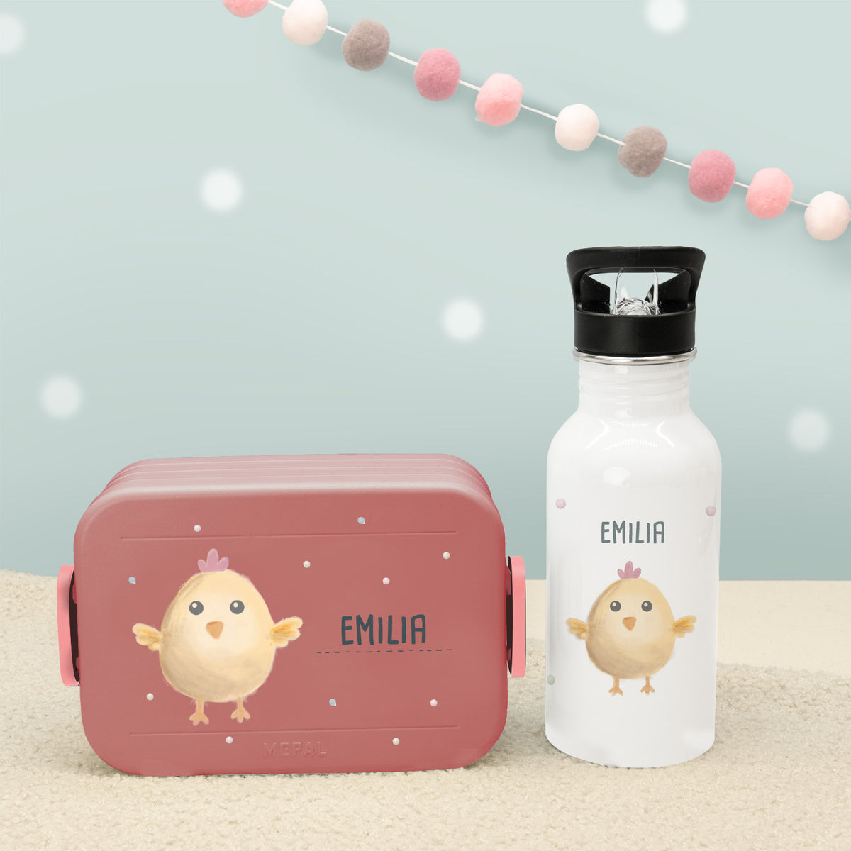Set Personalisierte Mepal-Lunchbox & Trinkflasche mit Trinkhalm "Küken"