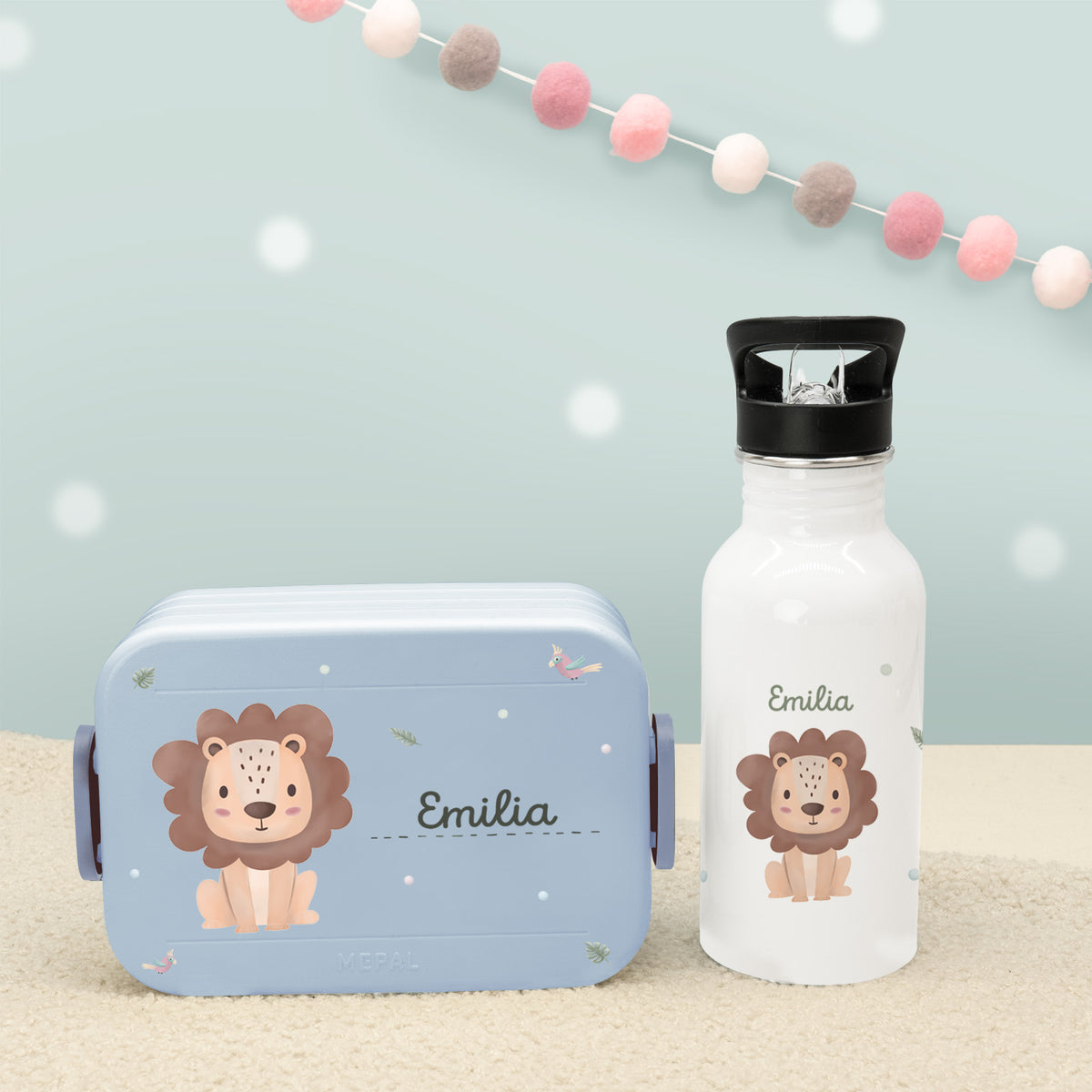 Set Personalisierte Mepal-Lunchbox & Trinkflasche mit Trinkhalm "Löwe"