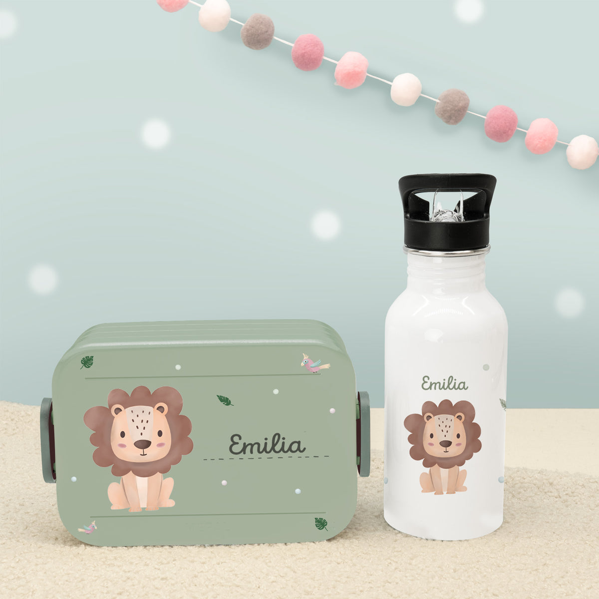 Set Personalisierte Mepal-Lunchbox & Trinkflasche mit Trinkhalm "Löwe"