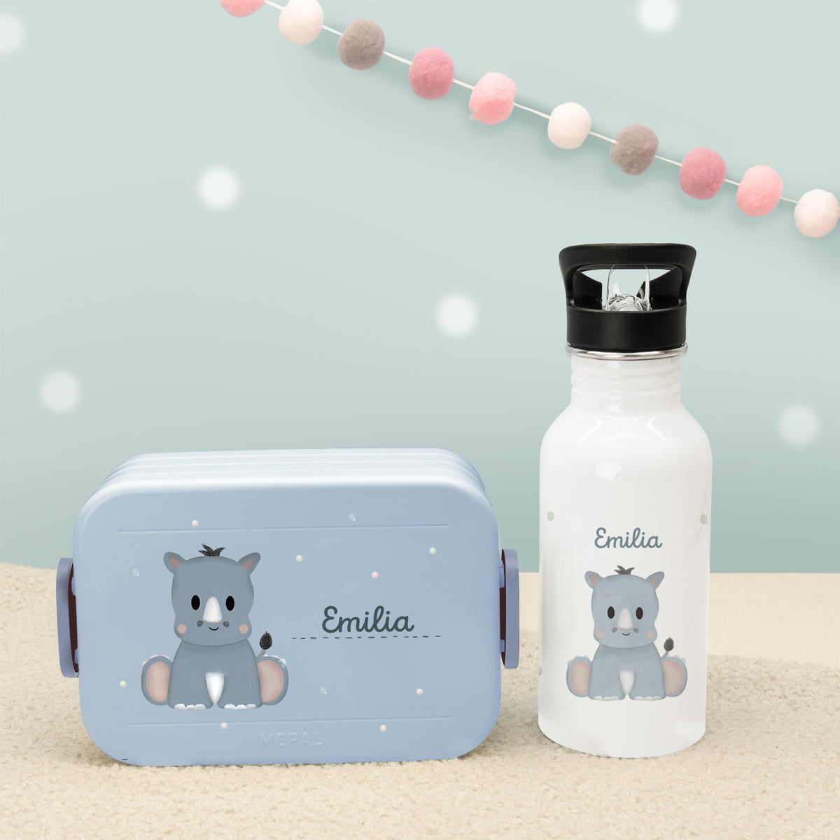 Set Personalisierte Mepal-Lunchbox & Trinkflasche mit Trinkhalm "Nashorn"