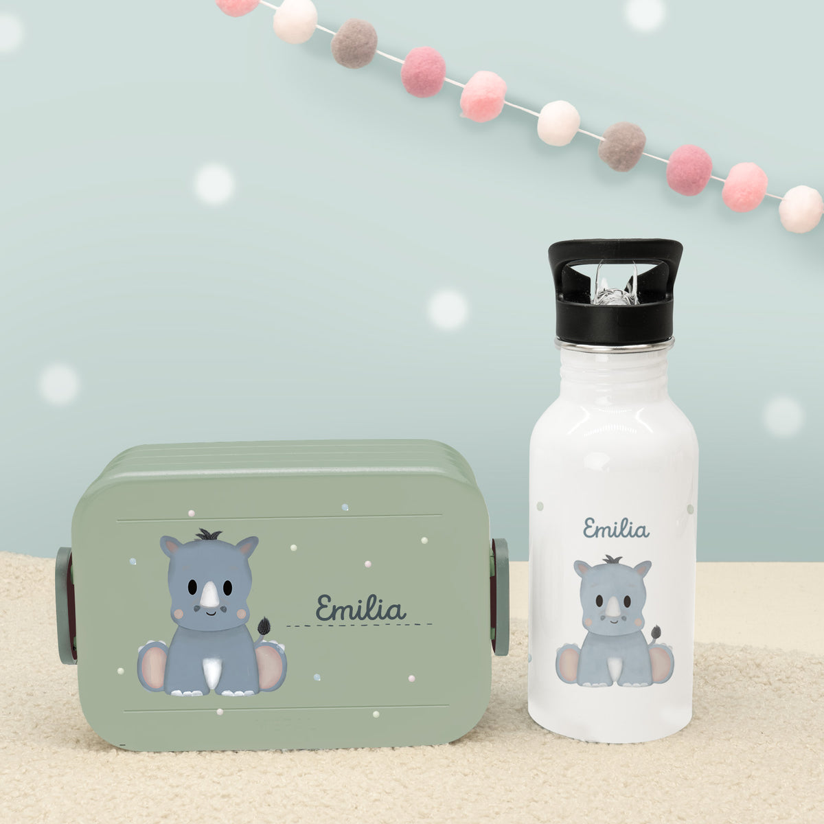 Set Personalisierte Mepal-Lunchbox & Trinkflasche mit Trinkhalm "Nashorn"