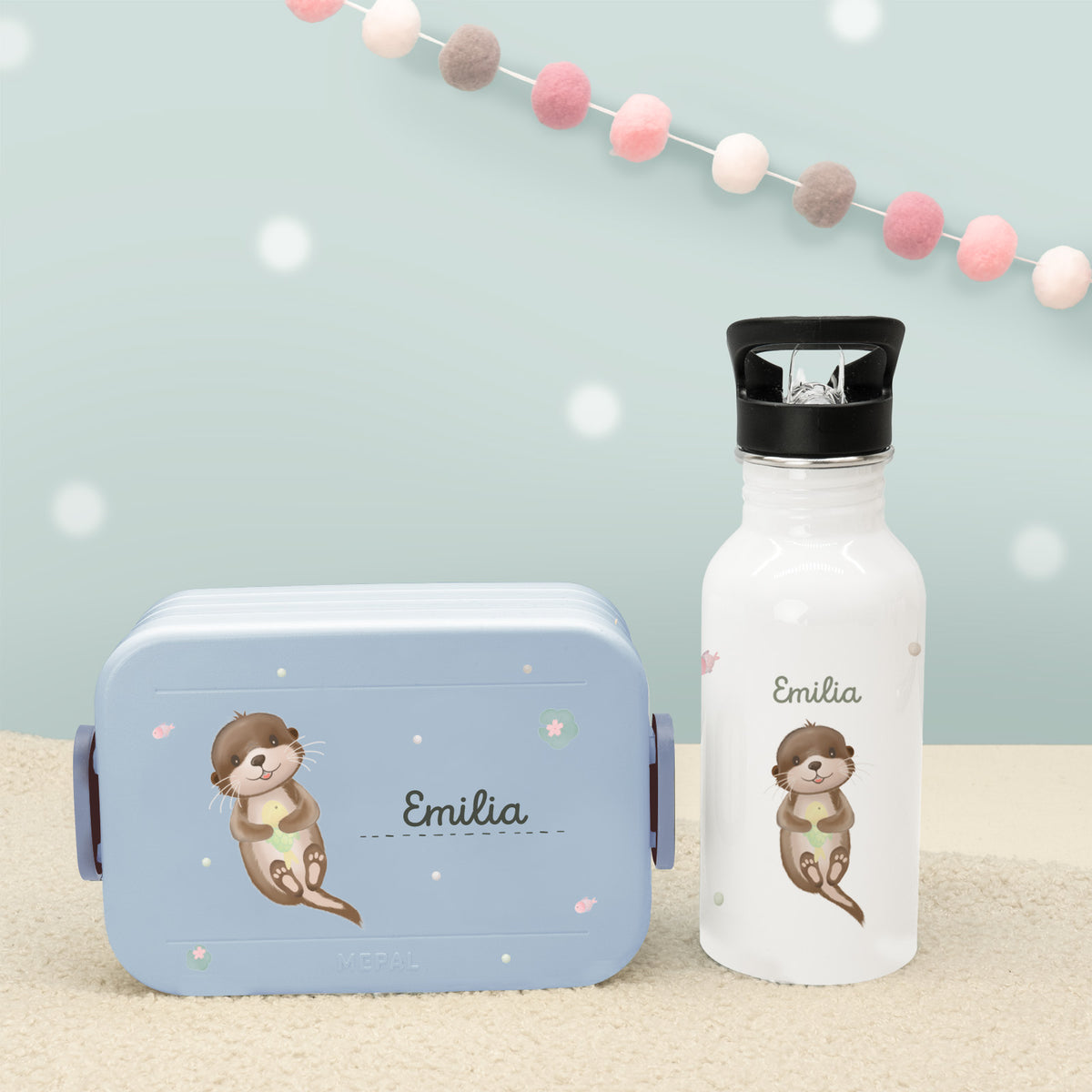 Set Personalisierte Mepal-Lunchbox & Trinkflasche mit Trinkhalm "Otter"