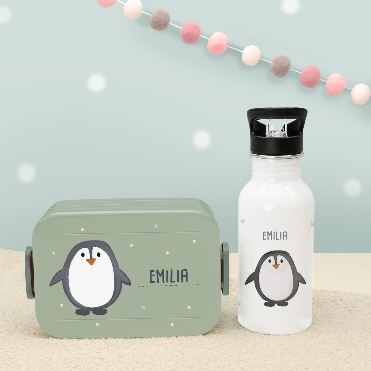 Set Personalisierte Mepal-Lunchbox & Trinkflasche mit Trinkhalm "Pinguin"