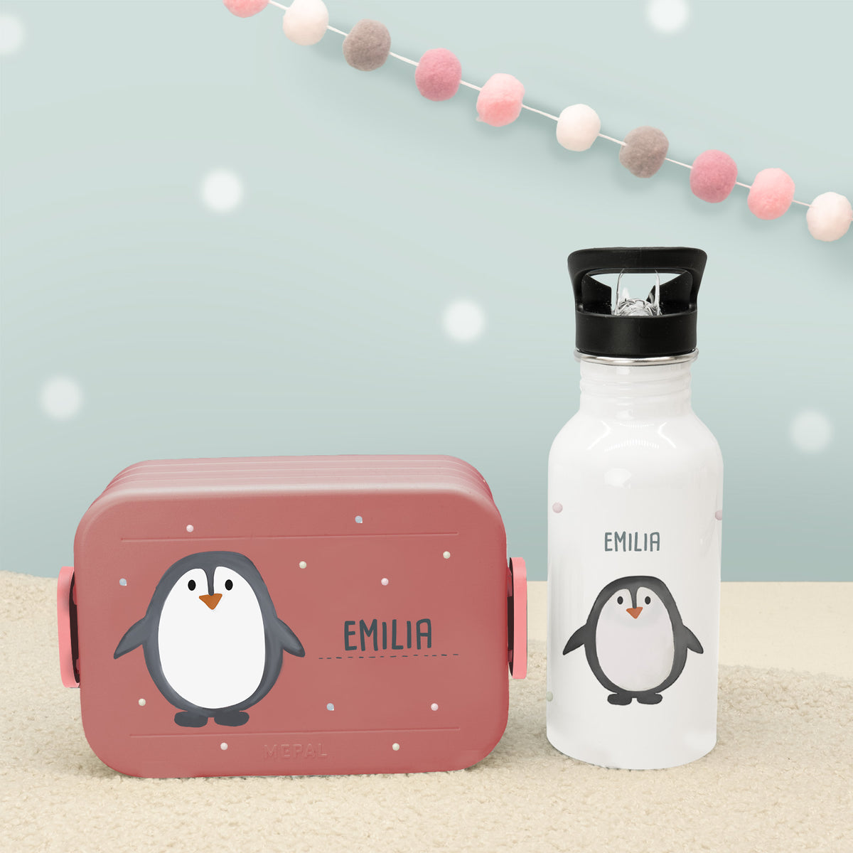 Set Personalisierte Mepal-Lunchbox & Trinkflasche mit Trinkhalm "Pinguin"