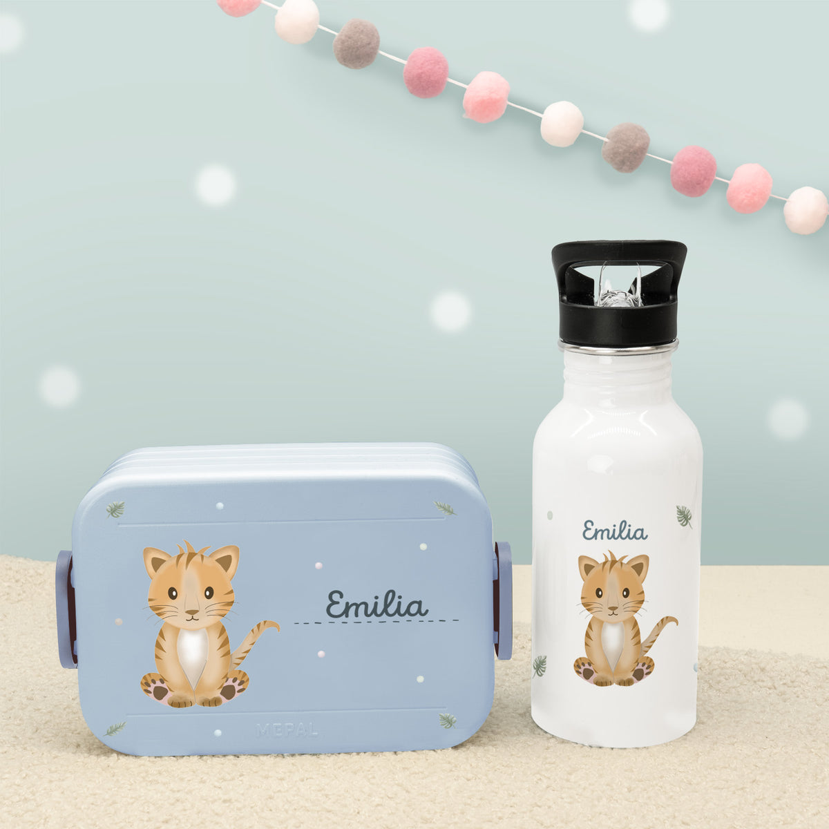 Set Personalisierte Mepal-Lunchbox & Trinkflasche mit Trinkhalm "Tiger"