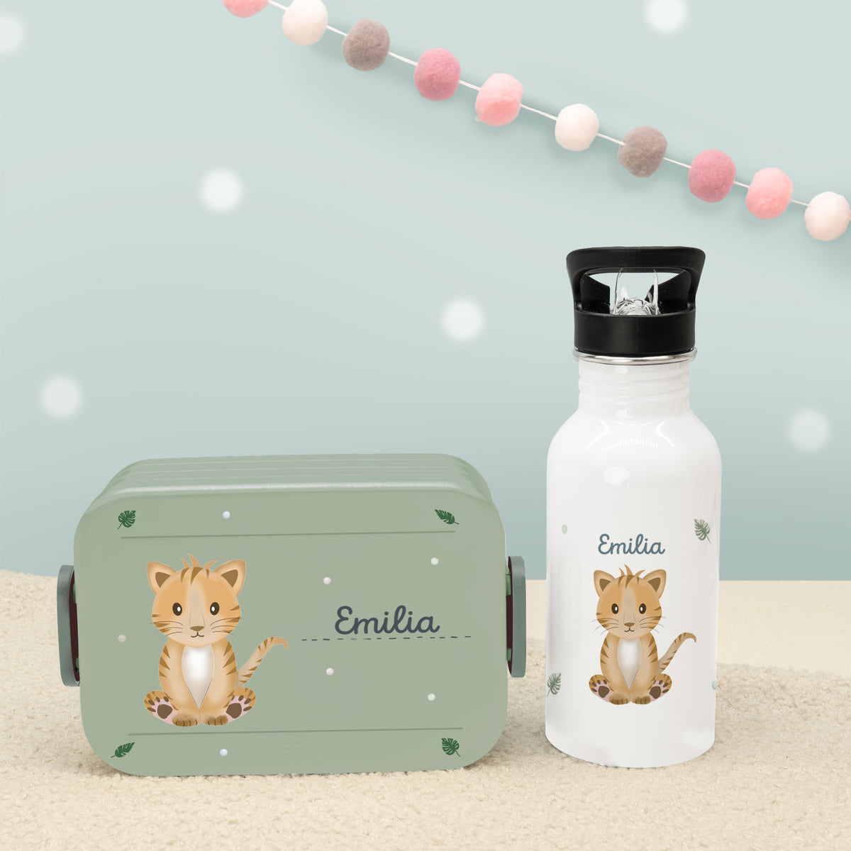 Set Personalisierte Mepal-Lunchbox & Trinkflasche mit Trinkhalm "Tiger"