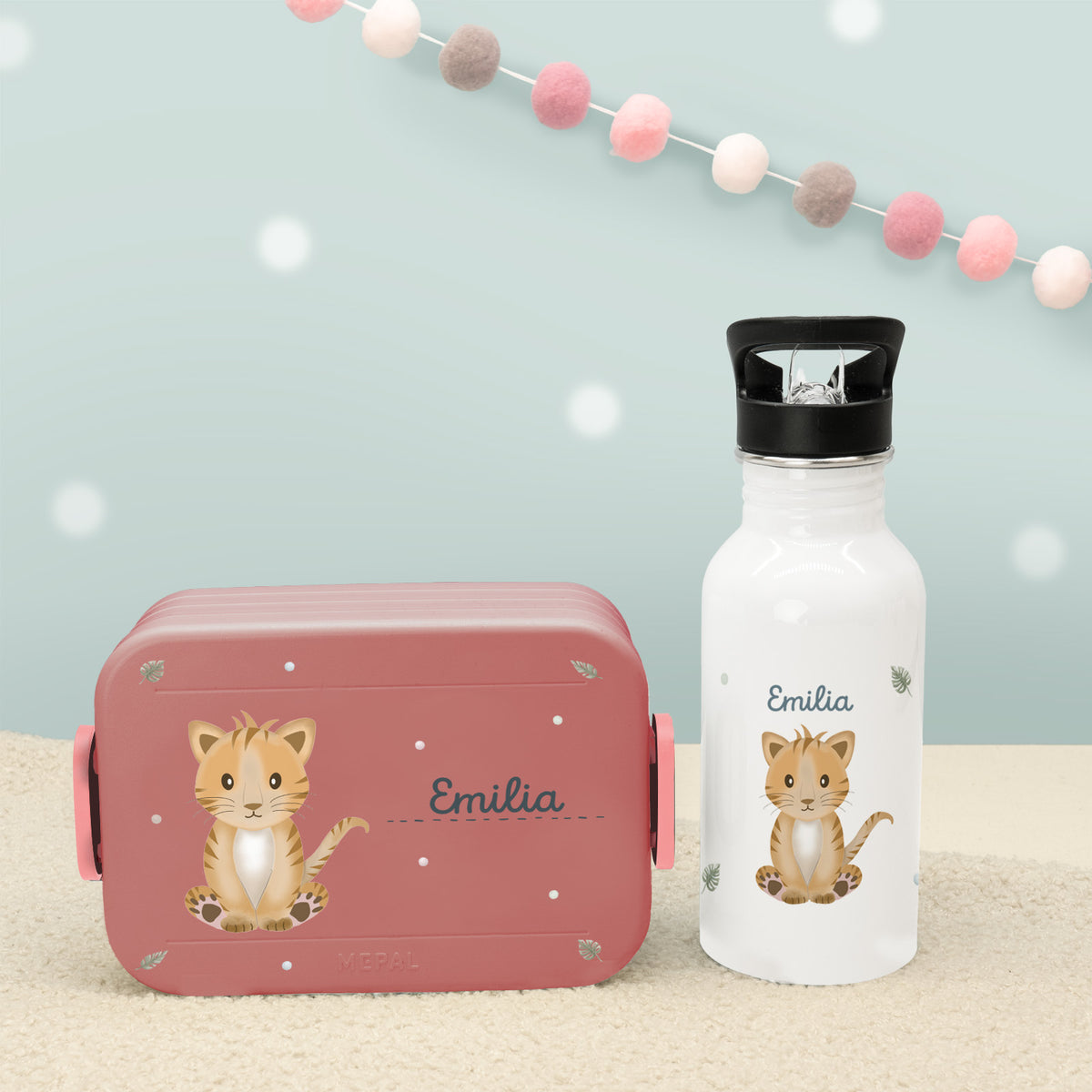 Set Personalisierte Mepal-Lunchbox & Trinkflasche mit Trinkhalm "Tiger"