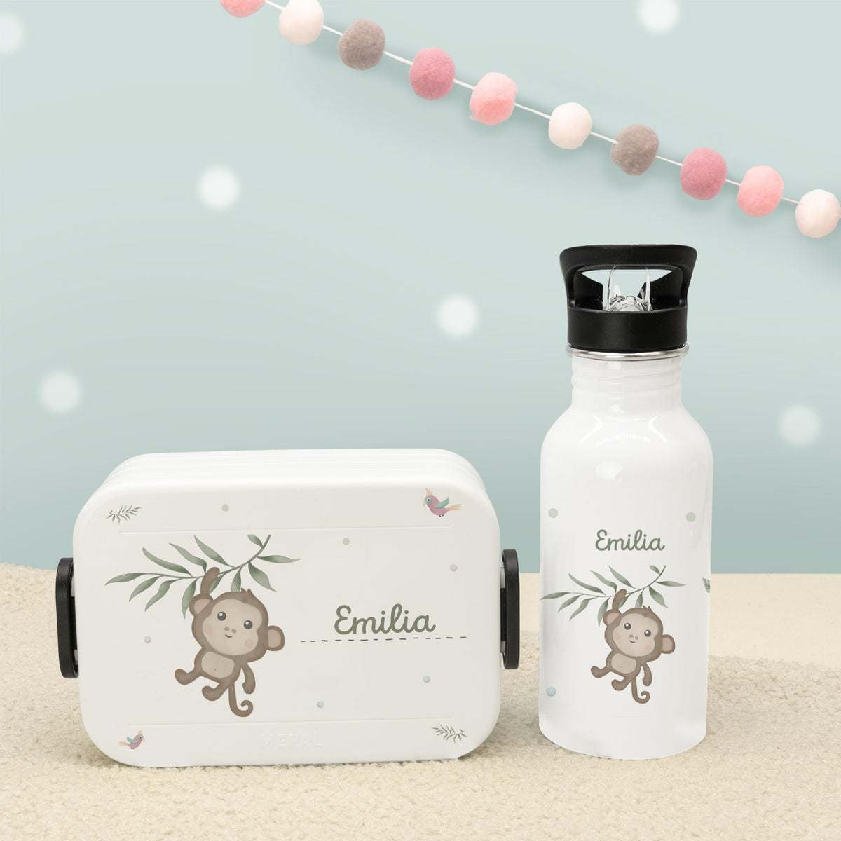 Set Personalisierte Mepal-Lunchbox & Trinkflasche mit Trinkhalm "Affe"