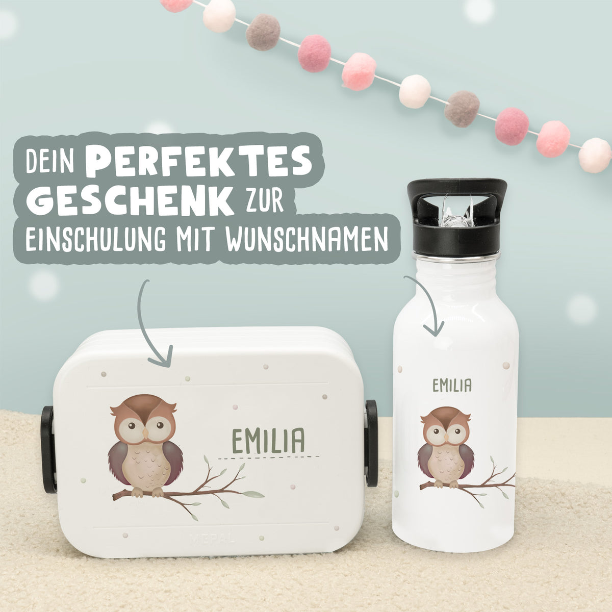 Set Personalisierte Mepal-Lunchbox & Trinkflasche mit Trinkhalm "Igel"